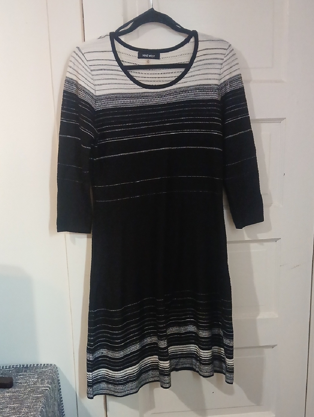 Nine West Black and White Striped Long Sleeve Dress